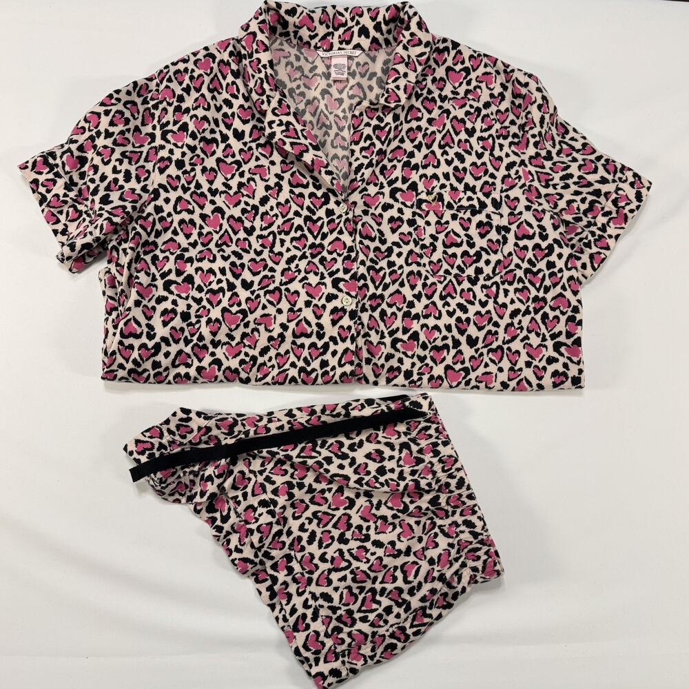 Victoria's Secret flannel "Pink Heart Leopard" boxer PJ Set; Size XL